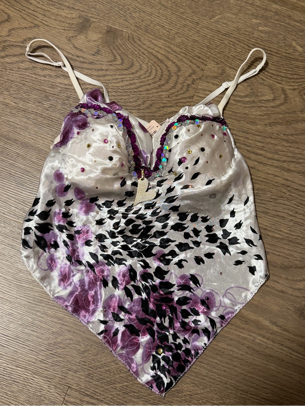 Silky Purple & White Floral-Print Camisole with Beaded Trim